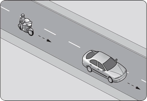 Ehliyet sorusu görseli: Aksine bir durum yoksa, şekildeki motosiklet sürücüsü 60 km/saat hızla seyrederken önündeki araca en fazla kaç metre yaklaşabilir?